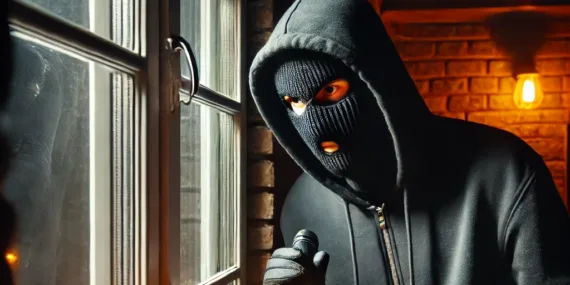 DALL·E 2025-03-02 11.25.43 - A masked burglar dressed in black sneaking into a house at night through a window, holding a flashlight and a crowbar. The scene is dimly lit with a s