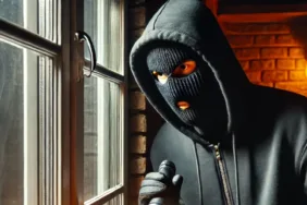 DALL·E 2025-03-02 11.25.43 - A masked burglar dressed in black sneaking into a house at night through a window, holding a flashlight and a crowbar. The scene is dimly lit with a s