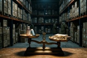 A cinematic editorial photograph depicting the tension between profit and public health. In a dimly lit, cold industrial warehouse with towering metal shelves, an antique brass scale sits in the foreground. On one tray of the scale is a child’s fever syrup bottle and a medical inhaler; on the other tray is a heavy, overflowing stack of gold coins and currency notes, tilting the balance toward the money. The background is filled with rows of dusty, stockpiled crates of medicine stretching into the deep shadows. The lighting is dramatic and moody, using a chiaroscuro effect to emphasize the ethical conflict of hoarding life-saving supplies in secret.