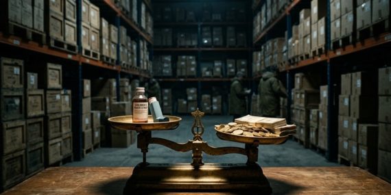 A cinematic editorial photograph depicting the tension between profit and public health. In a dimly lit, cold industrial warehouse with towering metal shelves, an antique brass scale sits in the foreground. On one tray of the scale is a child’s fever syrup bottle and a medical inhaler; on the other tray is a heavy, overflowing stack of gold coins and currency notes, tilting the balance toward the money. The background is filled with rows of dusty, stockpiled crates of medicine stretching into the deep shadows. The lighting is dramatic and moody, using a chiaroscuro effect to emphasize the ethical conflict of hoarding life-saving supplies in secret.