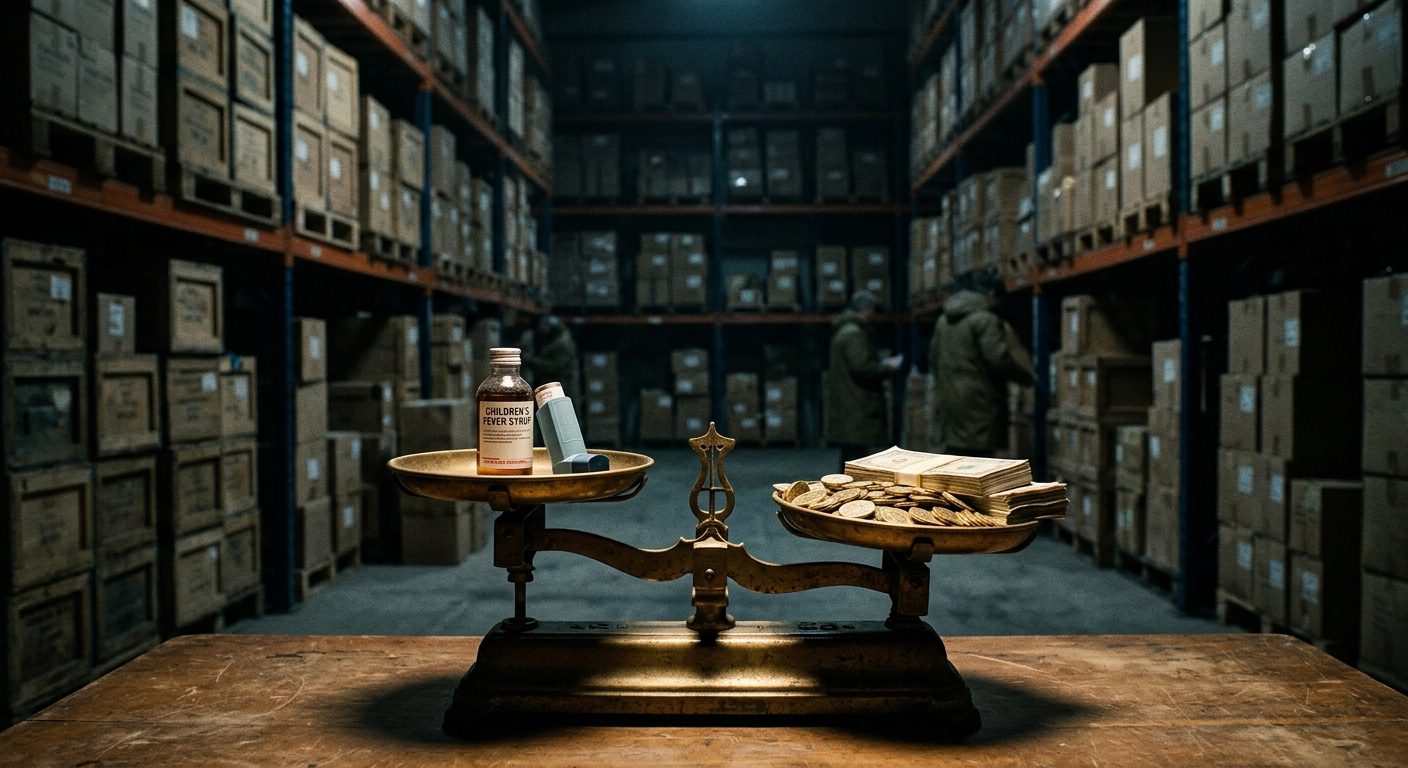 A cinematic editorial photograph depicting the tension between profit and public health. In a dimly lit, cold industrial warehouse with towering metal shelves, an antique brass scale sits in the foreground. On one tray of the scale is a child’s fever syrup bottle and a medical inhaler; on the other tray is a heavy, overflowing stack of gold coins and currency notes, tilting the balance toward the money. The background is filled with rows of dusty, stockpiled crates of medicine stretching into the deep shadows. The lighting is dramatic and moody, using a chiaroscuro effect to emphasize the ethical conflict of hoarding life-saving supplies in secret.